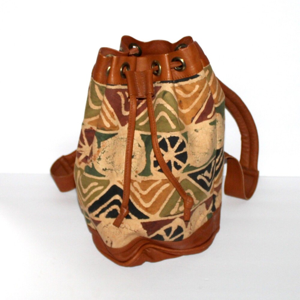 Designs of Africa Bucket Bag backpack purse brown leather painted canvas